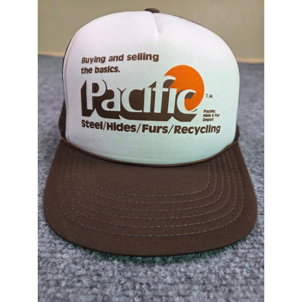 Vintage Pacific Steel Trucker Hat Mens OSFA Brown Hides Furs Recycling Mesh Cap